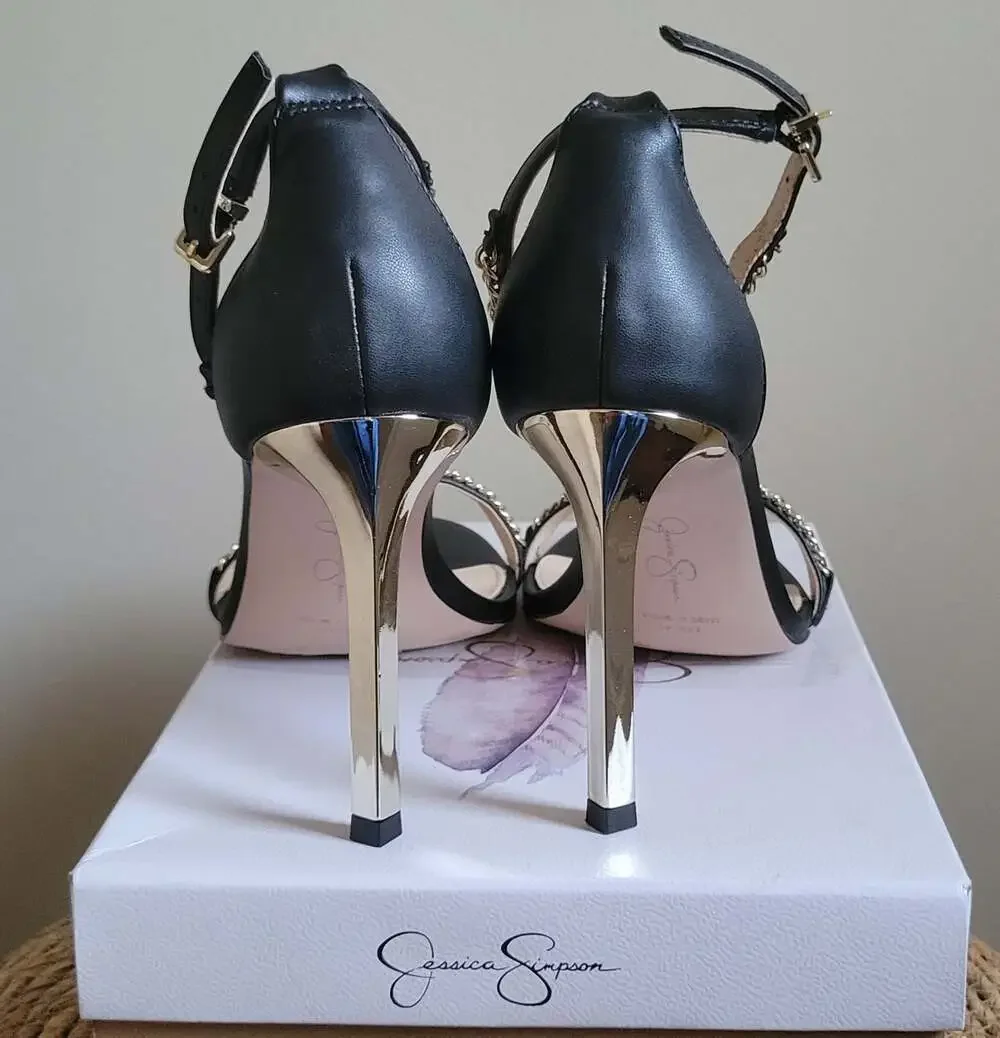 Jessica Simpson Qiven Chain T-Strap Dress Sandals,Black/Gold,9.5 - Picture 14 of 16
